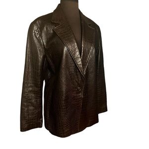 Lafayette 148 Brown Croc Embossed Leather Single Button Blazer Jacket